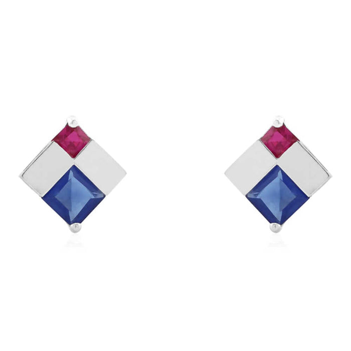 Princess-Cut Sapphire & Ruby Gemstone Screw Back Stud Earrings 14k Yellow Gold