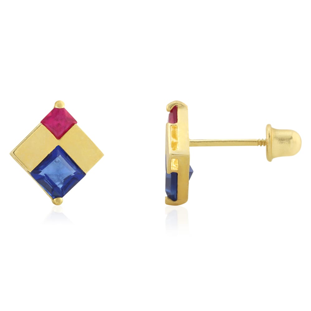 Princess Cut Sapphire & Ruby Gemstone Screwback Stud Earrings 14k Yellow Gold