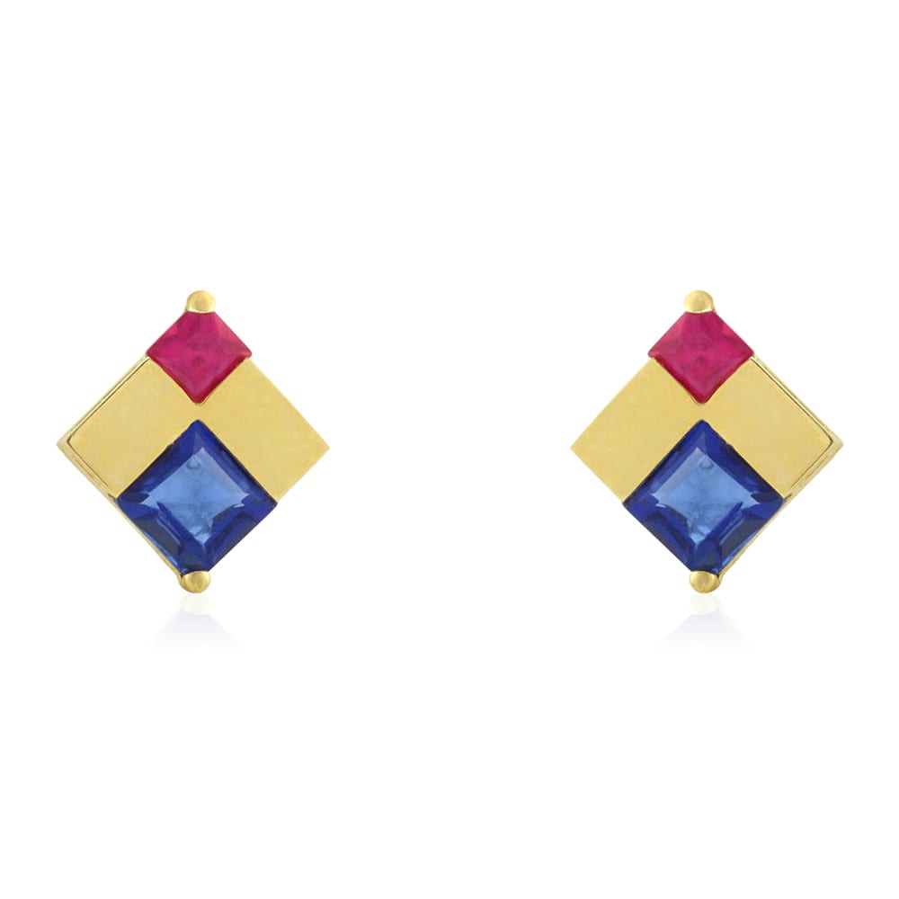 Princess Cut Sapphire & Ruby Gemstone Screwback Stud Earrings 14k Yellow Gold