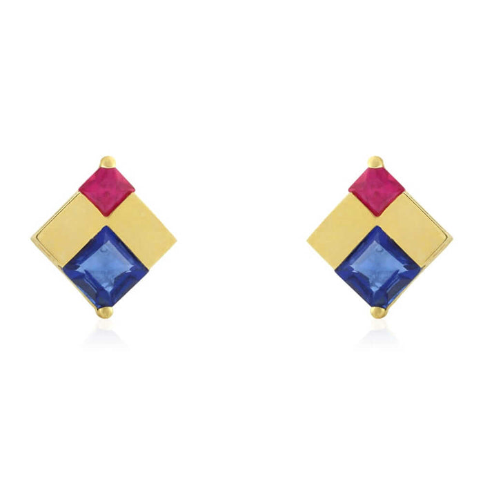 Princess-Cut Sapphire & Ruby Gemstone Screw Back Stud Earrings 14k Yellow Gold