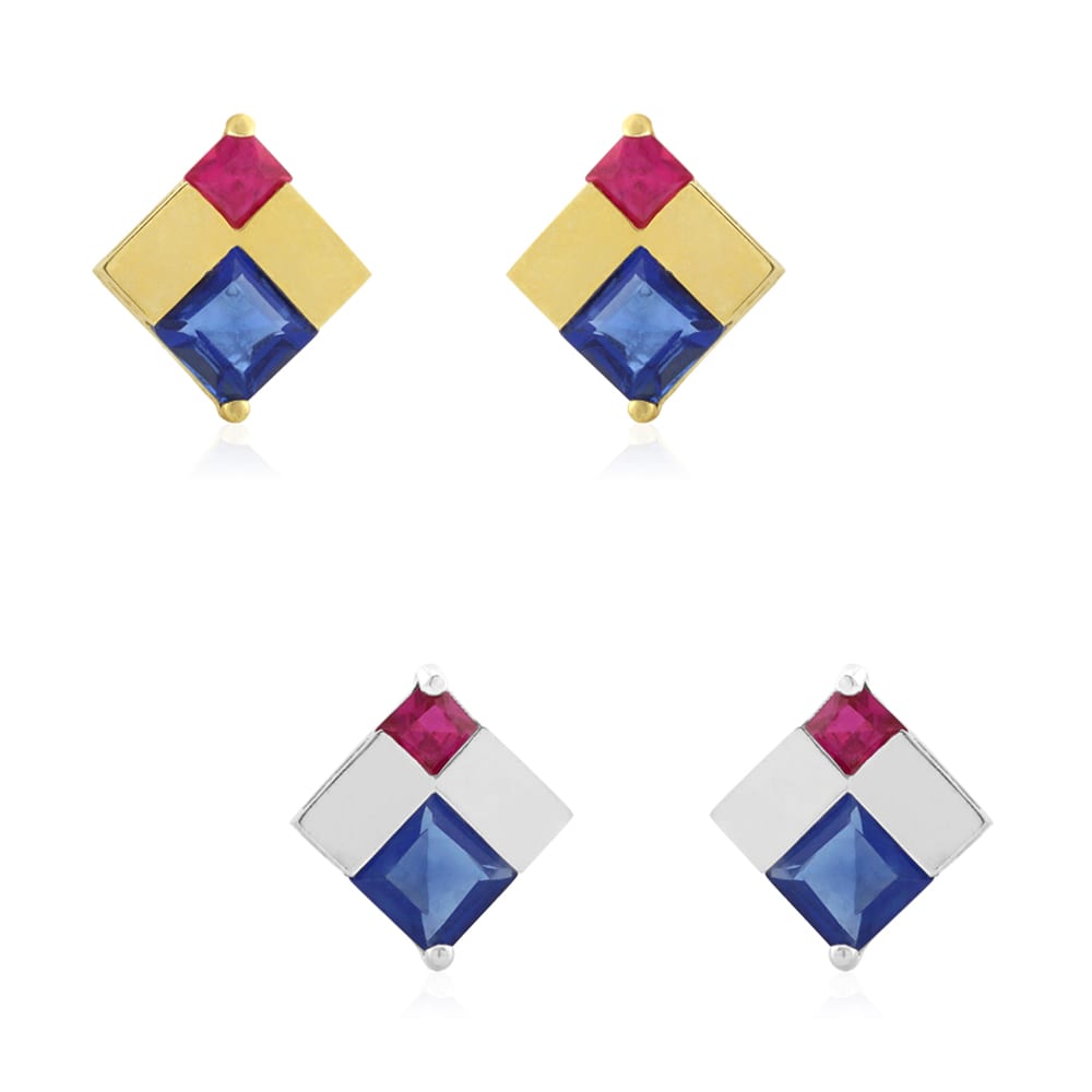 Princess Cut Sapphire & Ruby Gemstone Screwback Stud Earrings 14k Yellow Gold