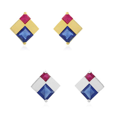 Princess-Cut Sapphire & Ruby Gemstone Screw Back Stud Earrings 14k Yellow Gold