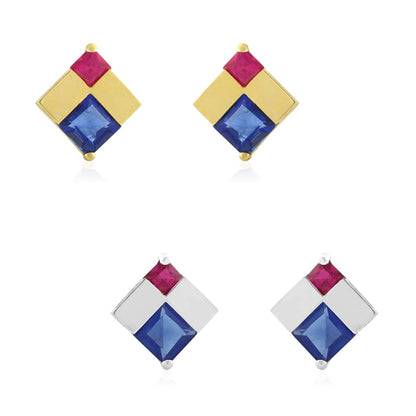 Princess Cut Sapphire & Ruby Gemstone Screwback Stud Earrings 14k Yellow Gold