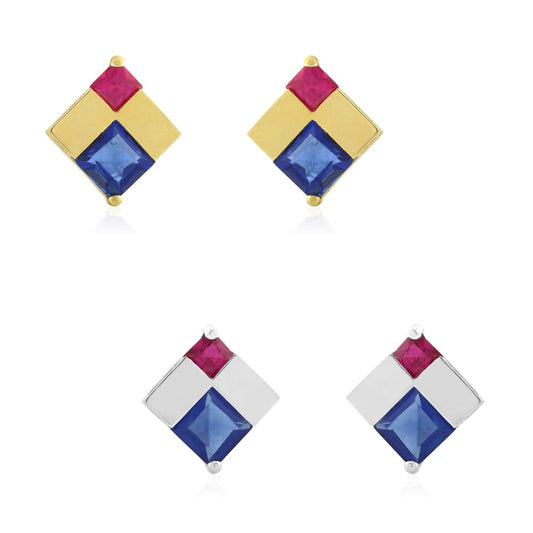 Princess Cut Sapphire & Ruby Gemstone Screwback Stud Earrings 14k Yellow Gold