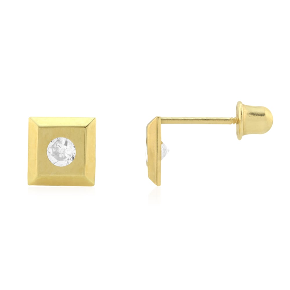 14k Yellow Gold White & Black CZ Square Screwback Stud Earrings
