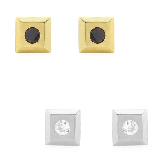 14k Yellow Gold White & Black CZ Square Screwback Stud Earrings