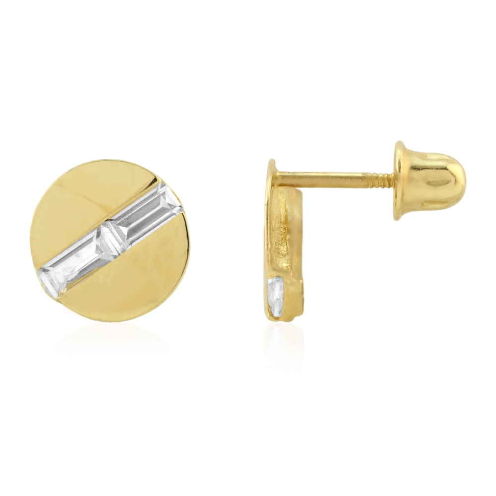 14k Gold Yellow White CZ Button Shaped Screwback Stud Earrings