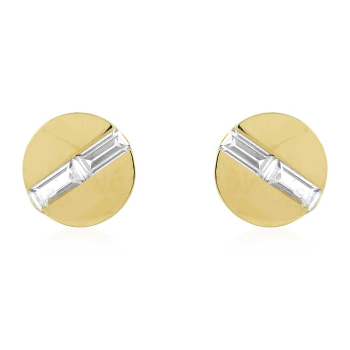 14K Yellow Gold White CZ Button Shaped Screw Back Stud Earrings