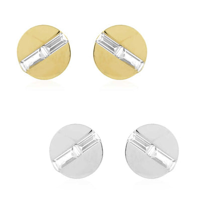 14K Yellow Gold White CZ Button Shaped Screw Back Stud Earrings