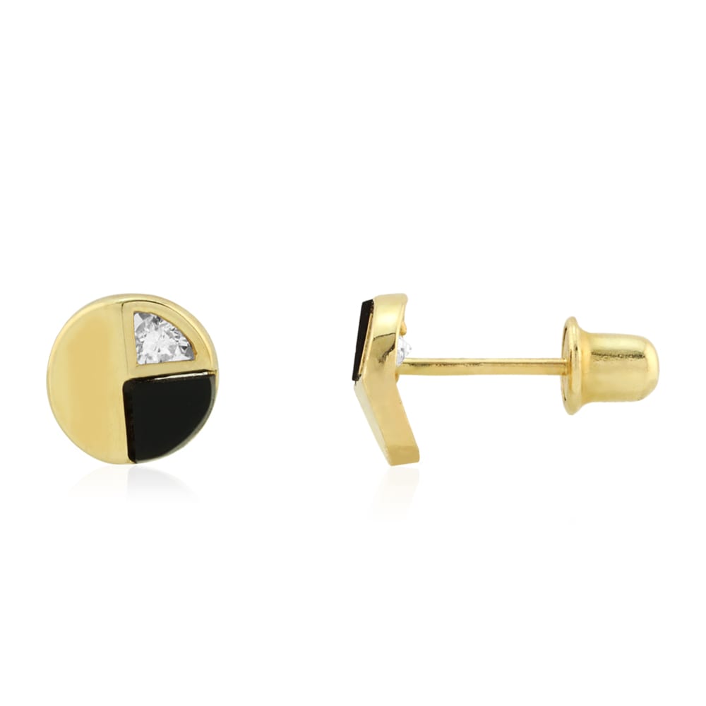 14k Yellow Gold Real Onyx & White Zircon Round Screwback Stud Earrings