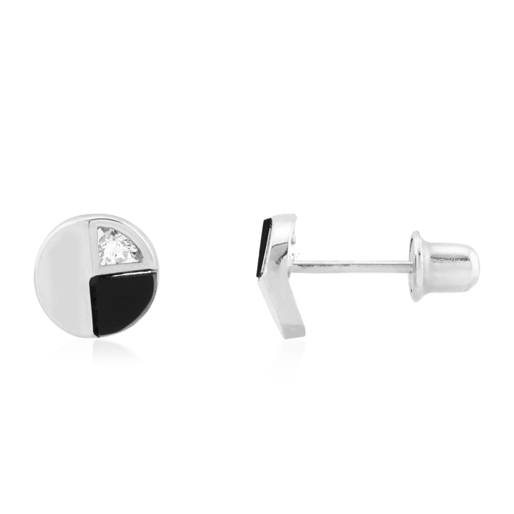 14k Yellow Gold Real Onyx & White Zircon Round Screwback Stud Earrings