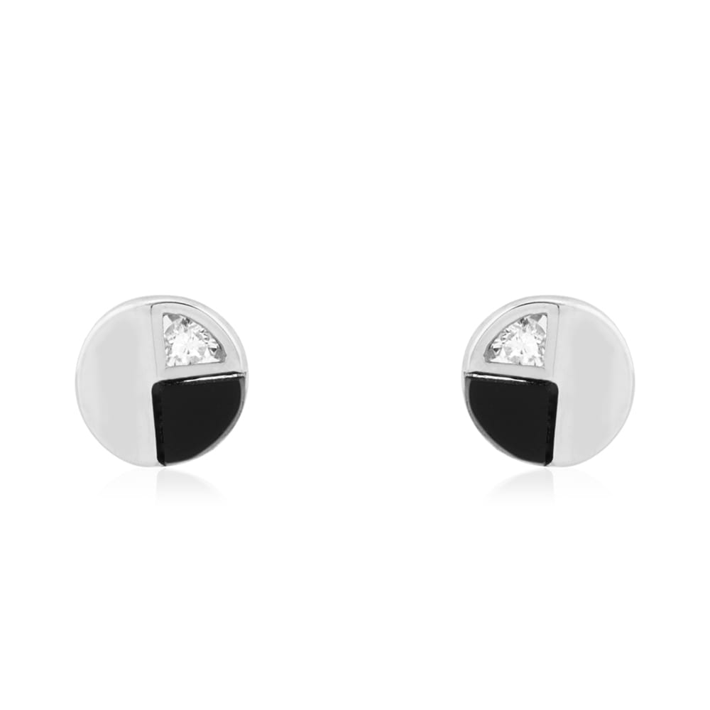 14k Yellow Gold Real Onyx & White Zircon Round Screwback Stud Earrings