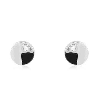 14k Yellow Gold Real Onyx & White Zircon Round Screwback Stud Earrings