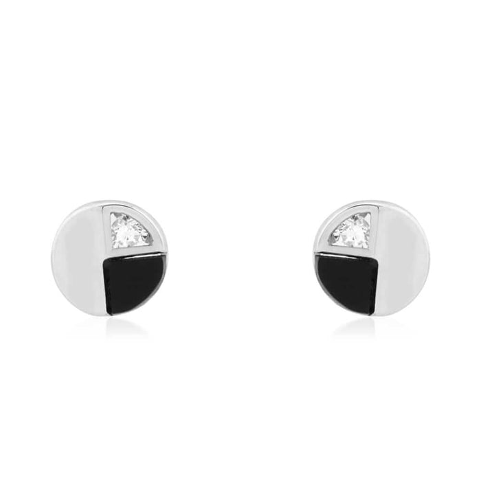 14k Yellow Gold Real Onyx & White Zircon Round Screw Back Stud Earrings