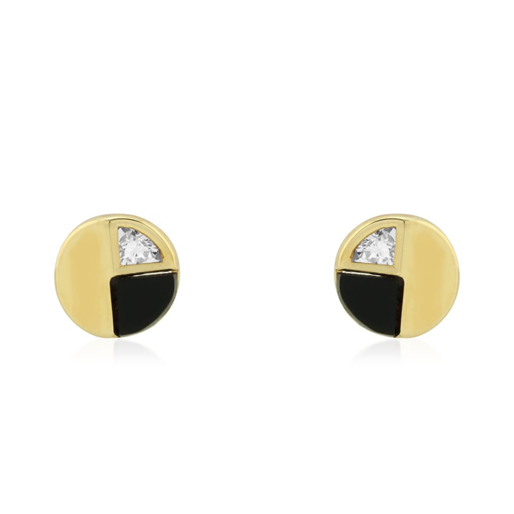 14k Yellow Gold Real Onyx & White Zircon Round Screwback Stud Earrings