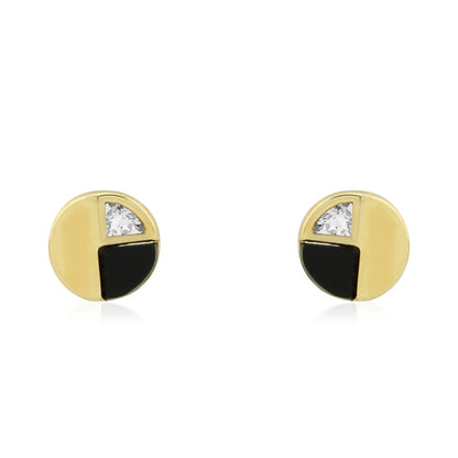 14k Yellow Gold Real Onyx & White Zircon Round Screwback Stud Earrings