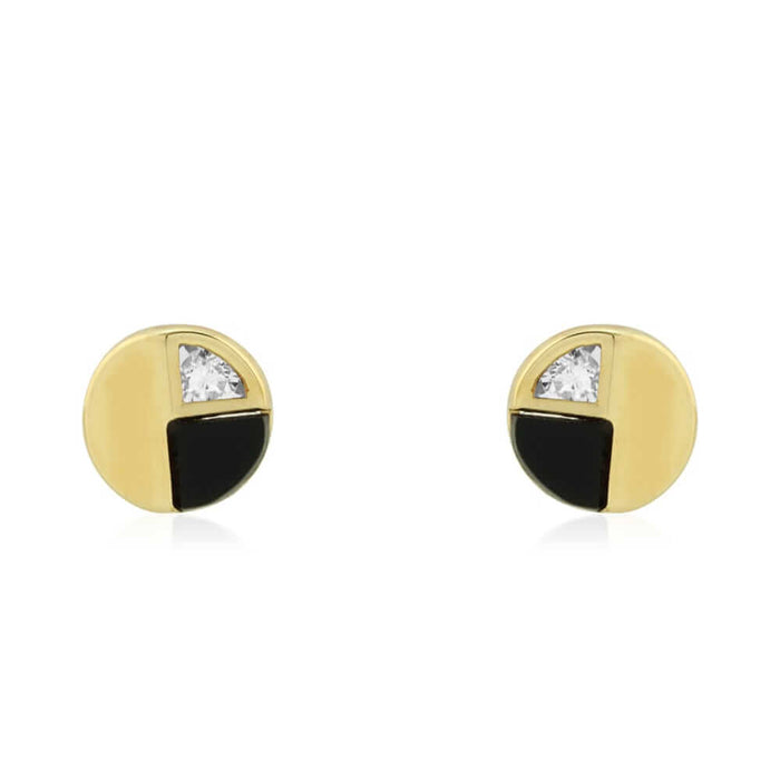 14k Yellow Gold Real Onyx & White Zircon Round Screw Back Stud Earrings