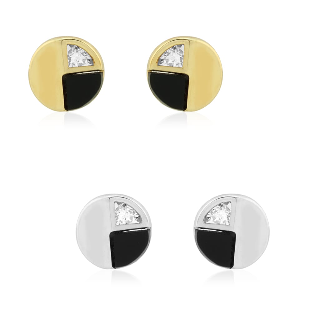 14k Yellow Gold Real Onyx & White Zircon Round Screwback Stud Earrings