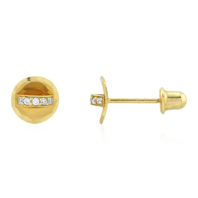 14k Yellow Gold White Zircon Diamond-Cut Round Screw Back Stud Earrings