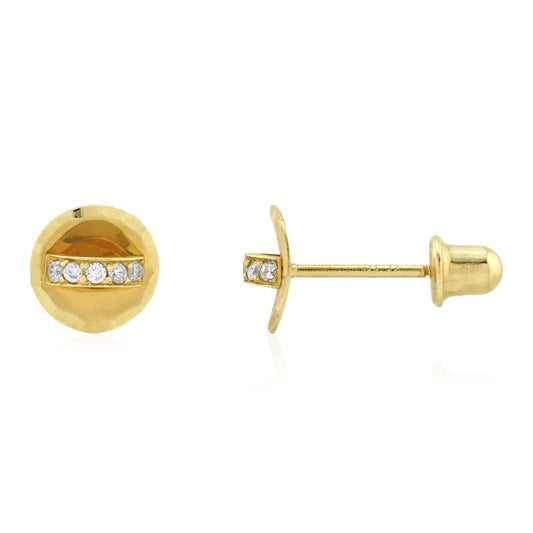 14k Yellow Gold White Zircon Diamond Cut Round Screwback Stud Earrings