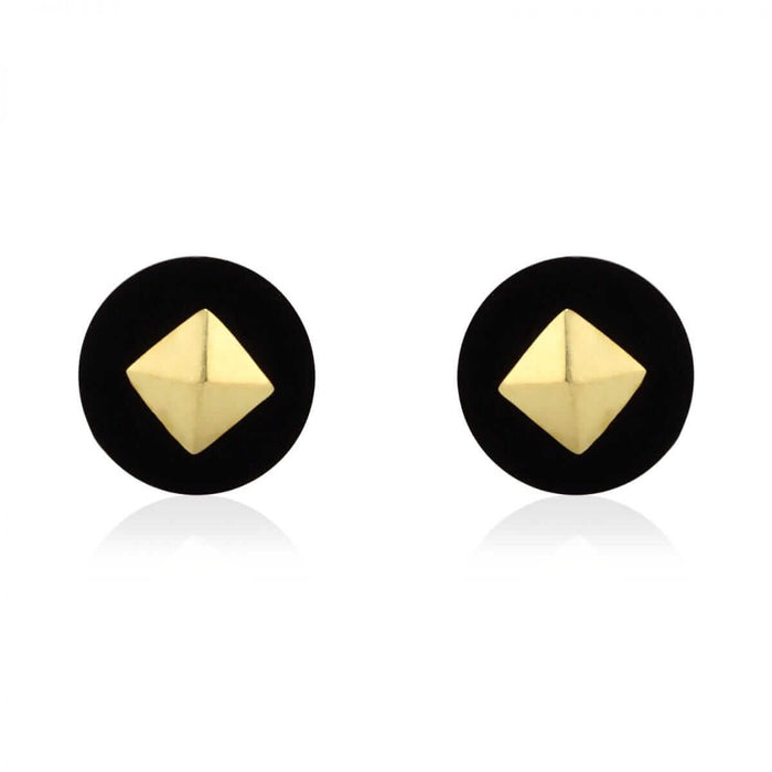 Round Shaped Real Onyx 14k Yellow & White Gold Screw Back Stud Earrings