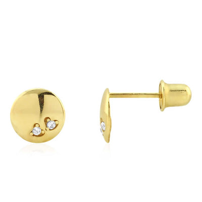 14k Yellow Gold Round Button Shaped Heart Pave Zircon Screw Back Stud Earrings