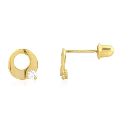 14k Gold Zircon White Gemstone Open Circle Screw Back Stud Earrings 7mm