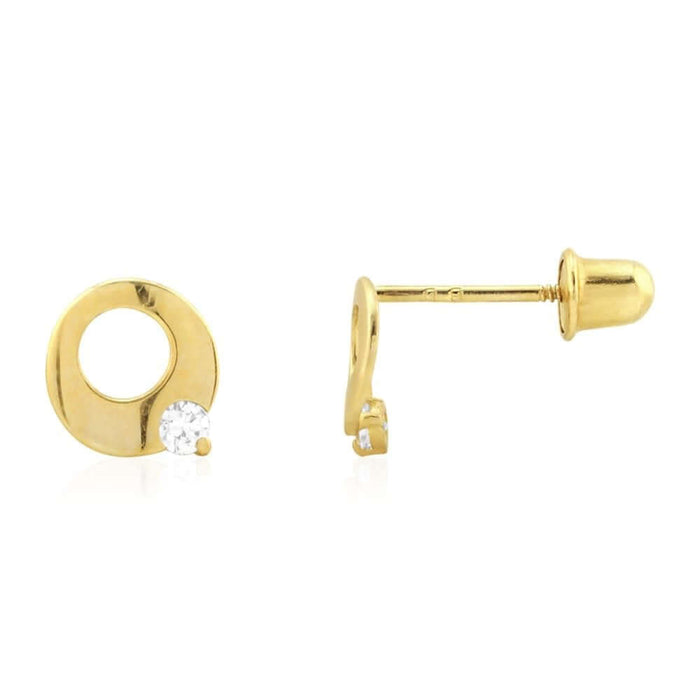 14k Gold Zircon White Gemstone Open Circle Screw Back Stud Earrings 7mm