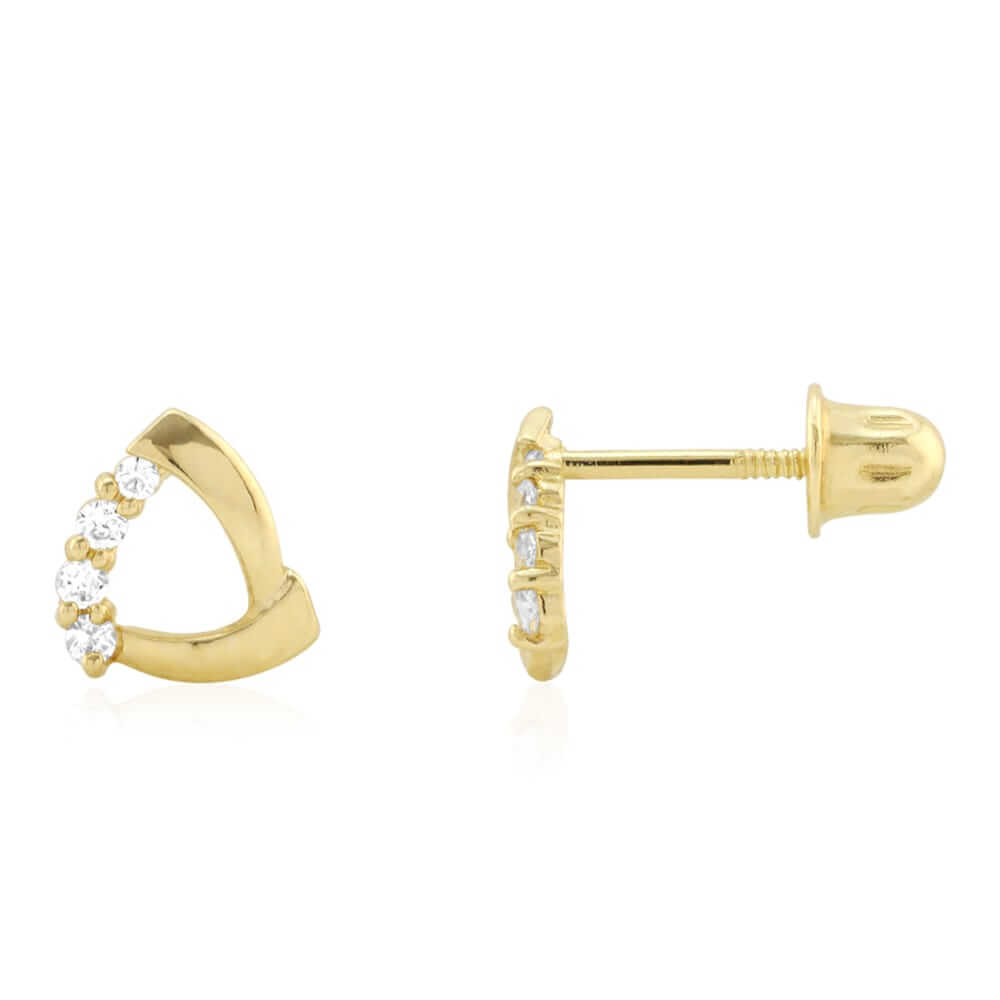 14k Yellow Gold White Zircon Open Triangle Shaped Baby Screw Back Stud Earrings