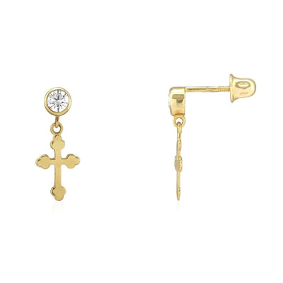 14k Yellow Gold Bezel Zircon Religious Cross Screw Back Stud Earrings