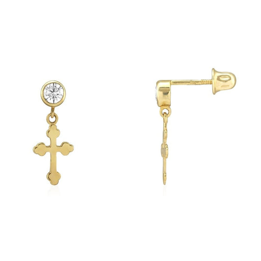 14k Yellow Gold Bezel Zircon  Religious Cross Screwback Stud Earrings
