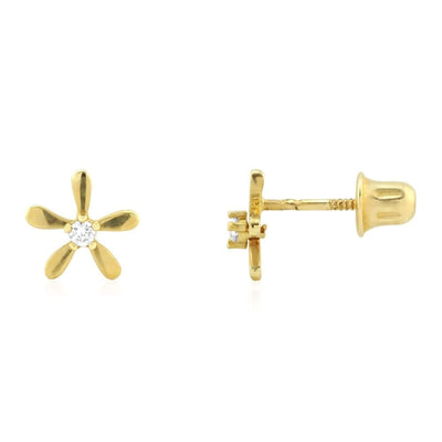 14k Yellow Gold White Zircon Flower Screw Back Stud Earrings
