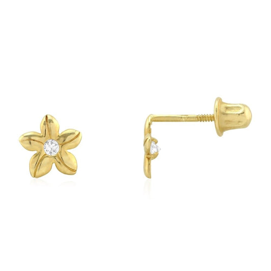 14k Yellow Gold White Zircon Textured Flower Screwback Stud Earrings