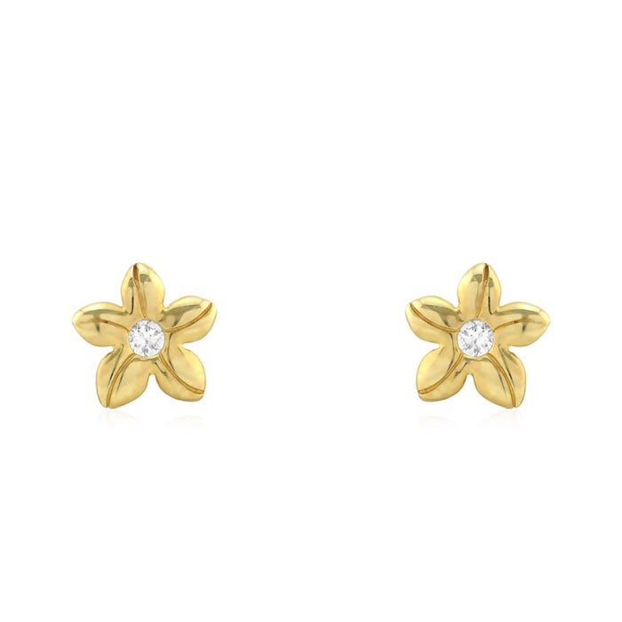 14k Yellow Gold White Zircon Textured Flower Screw Back Stud Earrings
