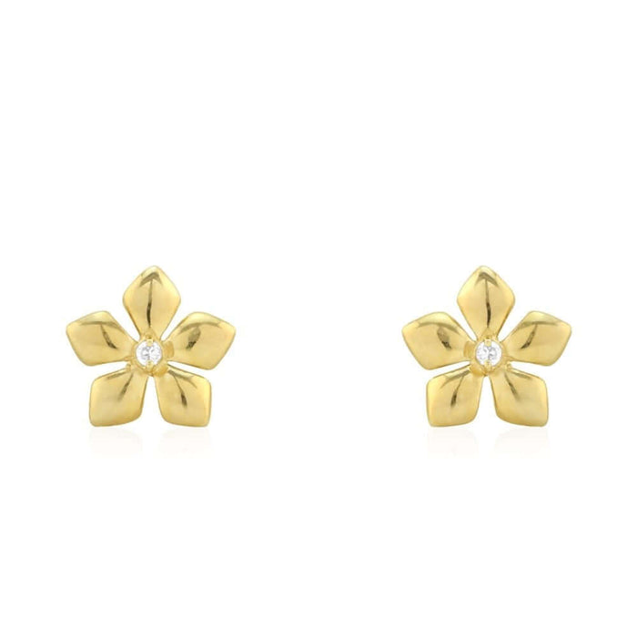 White Zircon Textured Flower Screw Back Stud Earrings 14k Yellow Gold