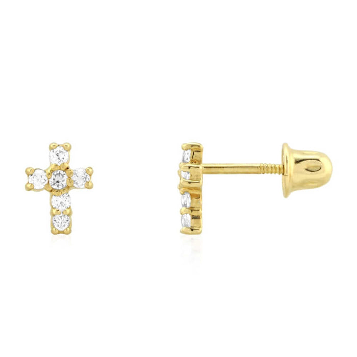 0.30Ct CZ Religious Cross Screw Back Stud Earrings 14k Yellow Gold