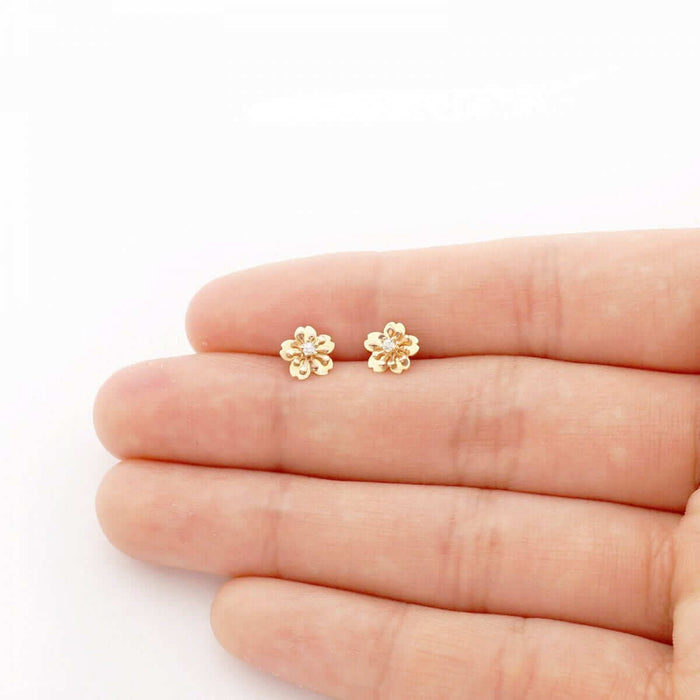 14k Yellow & Rose Gold White Zircon Textured Flower Screw Back Stud Earrings