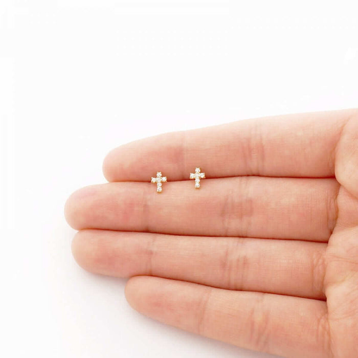 0.30Ct CZ Religious Cross Screw Back Stud Earrings 14k Yellow Gold