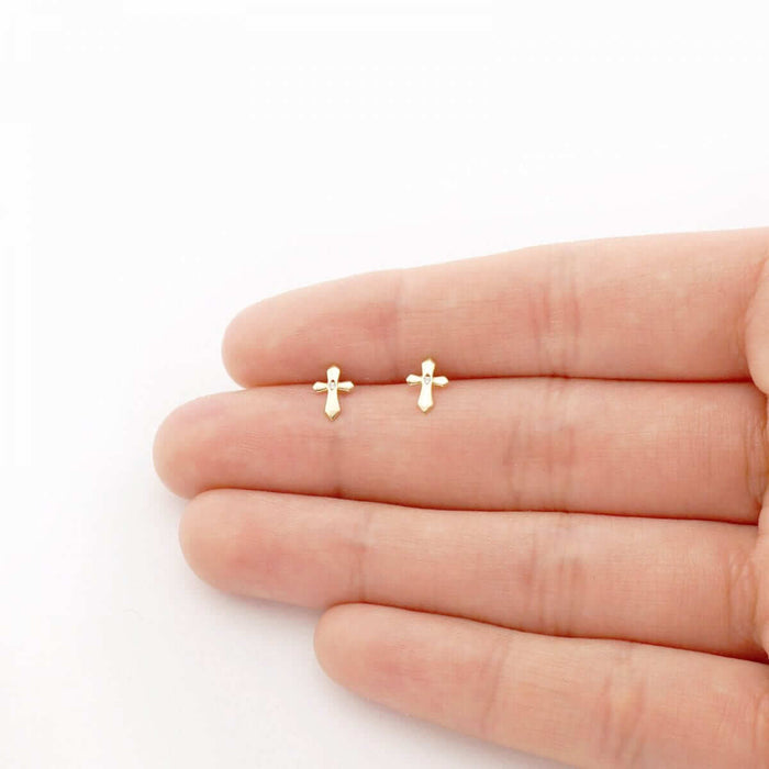 14k Yellow Gold CZ Religious Cross Screw Back Stud Earrings