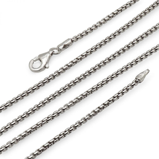 925 Sterling Silver 2mm Solid Round Box Chain Necklace 18"-28"