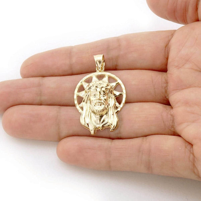 10k Solid Yellow Gold Diamond-Cut Halo Jesus Head Face Pendant 1.2"-1.8"
