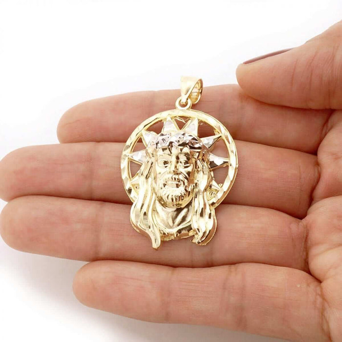 10k Solid Yellow Gold Diamond-Cut Halo Jesus Head Face Pendant 1.2"-1.8"