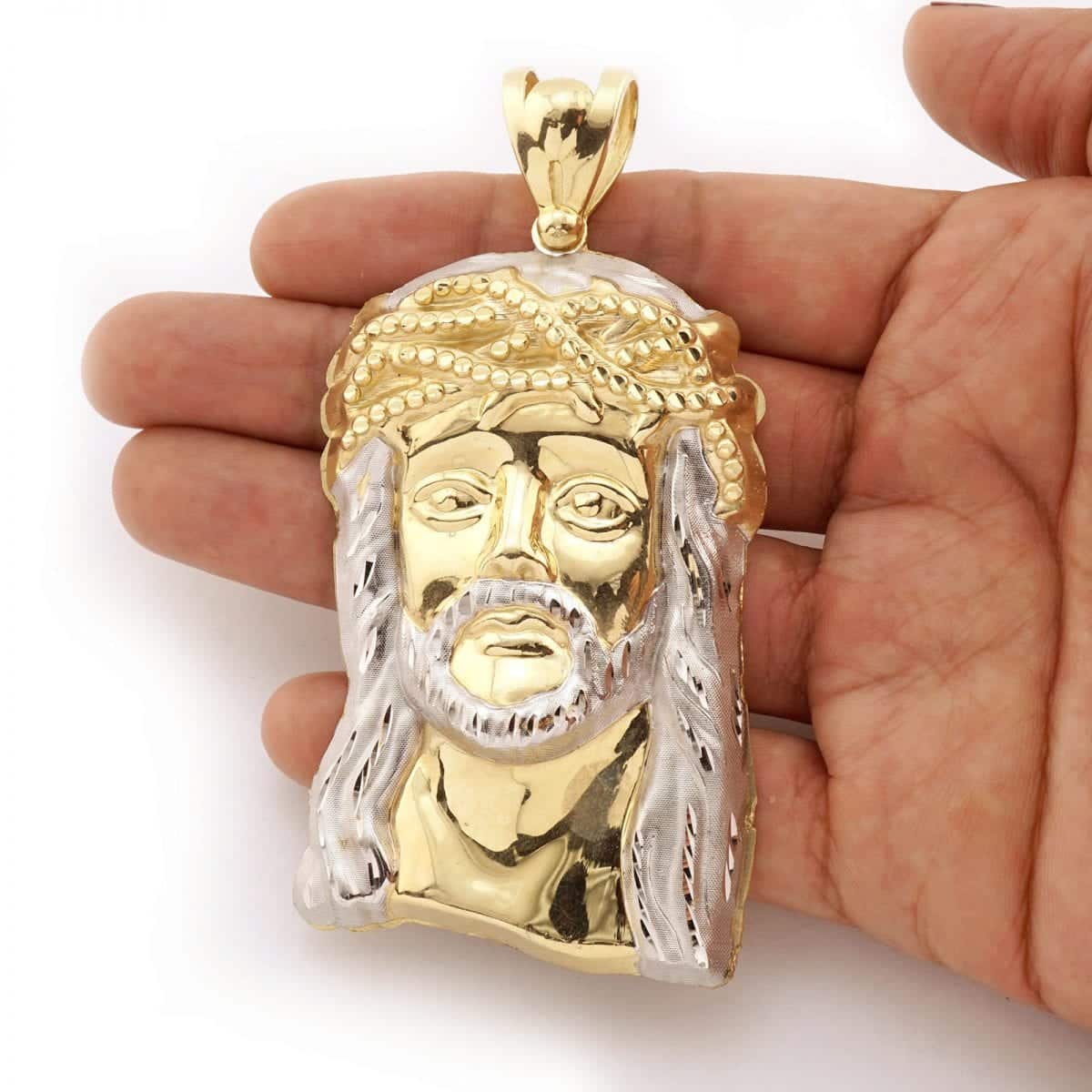 Diamond-Cut Jesus Head Face Pendant Big 10k Solid Yellow & White Gold
