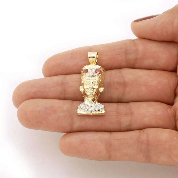 10K Gold Princess CZ and Ruby Nefertiti Head Pendant