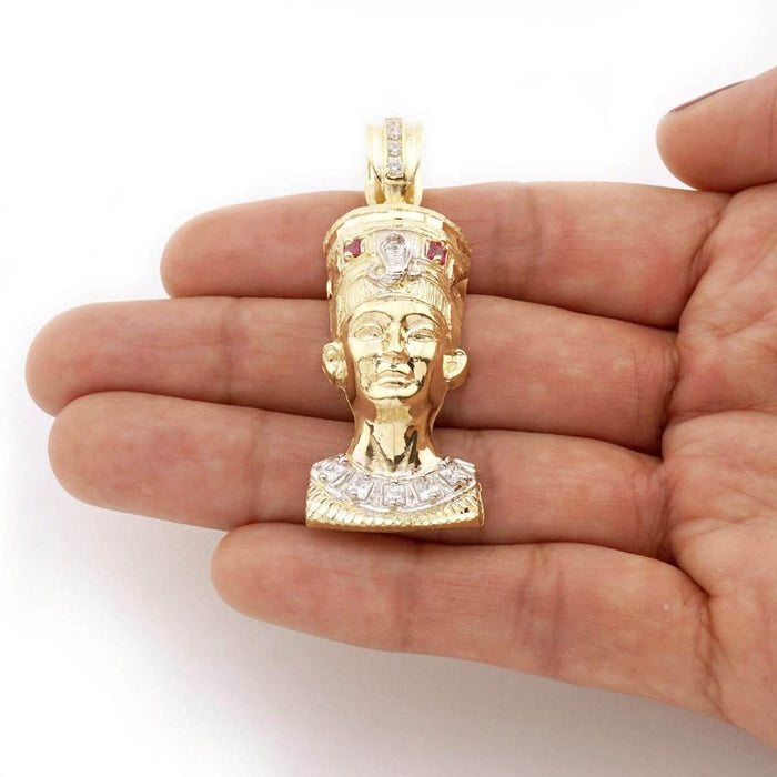 10K Gold Princess CZ and Ruby Nefertiti Head Pendant