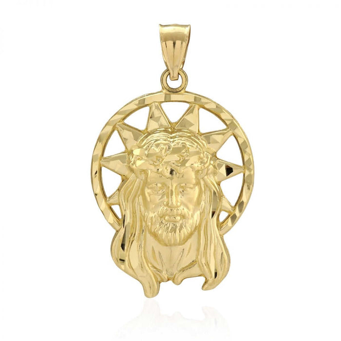 10k Solid Yellow Gold Diamond-Cut Halo Jesus Head Face Pendant 1.2"-1.8"