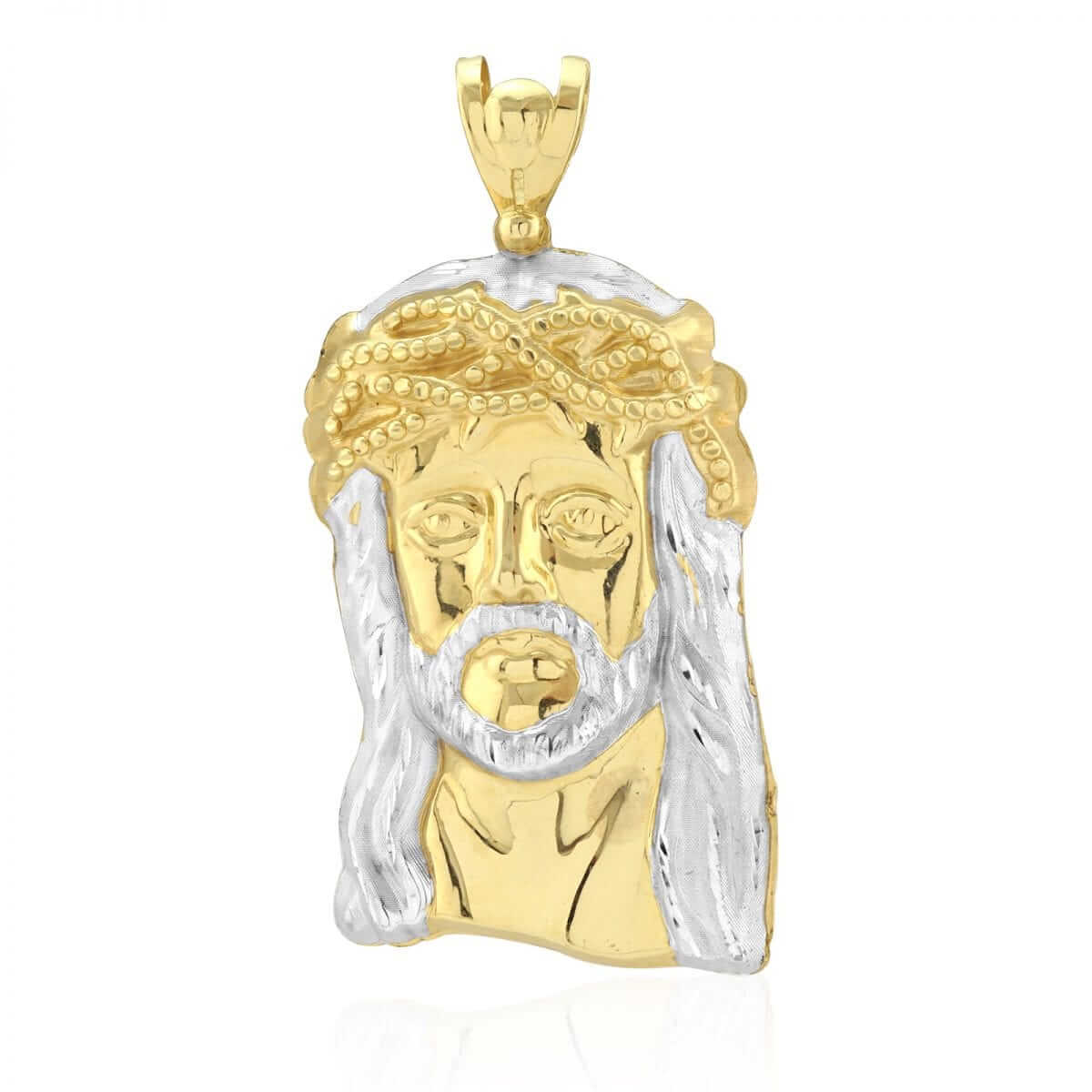 Diamond-Cut Jesus Head Face Pendant Big 10k Solid Yellow & White Gold