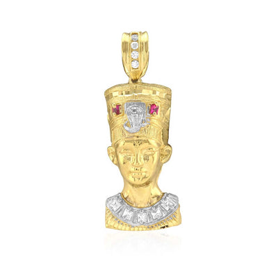 10K Gold Princess CZ and Ruby Nefertiti Head Pendant