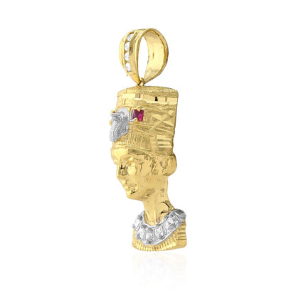 10K Real Gold Princess CZ and Ruby Nefertiti Head Pendant