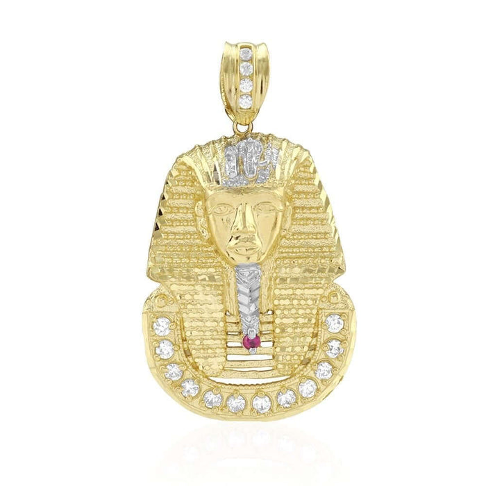 10K Yellow Gold CZ Ruby King Tut Pharaoh Head Pendant 1.1"-2.4"
